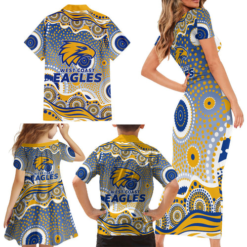 West Coast Eagles Family Matching Short Sleeve Bodycon Dress and Hawaiian Shirt Aboriginal Dot Pattern - Football Mascot Heritage Pride