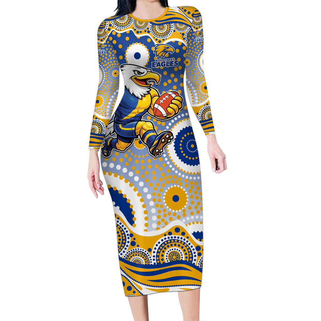 West Coast Eagles Long Sleeve Bodycon Dress Aboriginal Dot Pattern - Football Mascot Heritage Pride