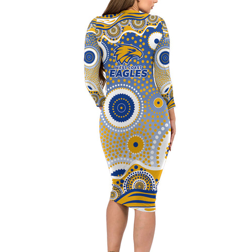 West Coast Eagles Long Sleeve Bodycon Dress Aboriginal Dot Pattern - Football Mascot Heritage Pride