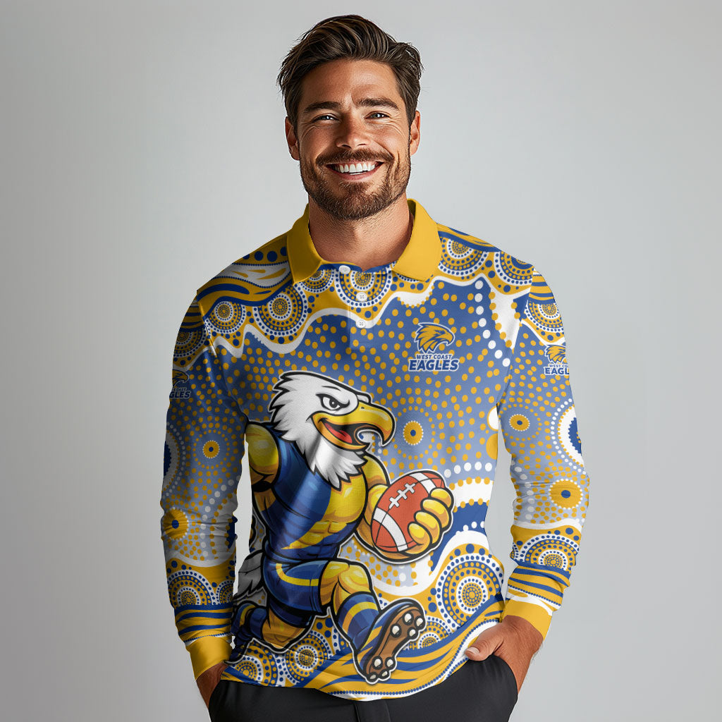West Coast Eagles Long Sleeve Polo Shirt Aboriginal Dot Pattern - Football Mascot Heritage Pride