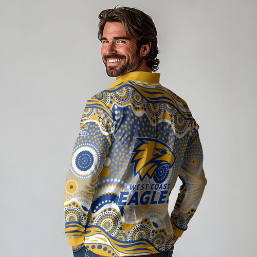 West Coast Eagles Long Sleeve Polo Shirt Aboriginal Dot Pattern - Football Mascot Heritage Pride
