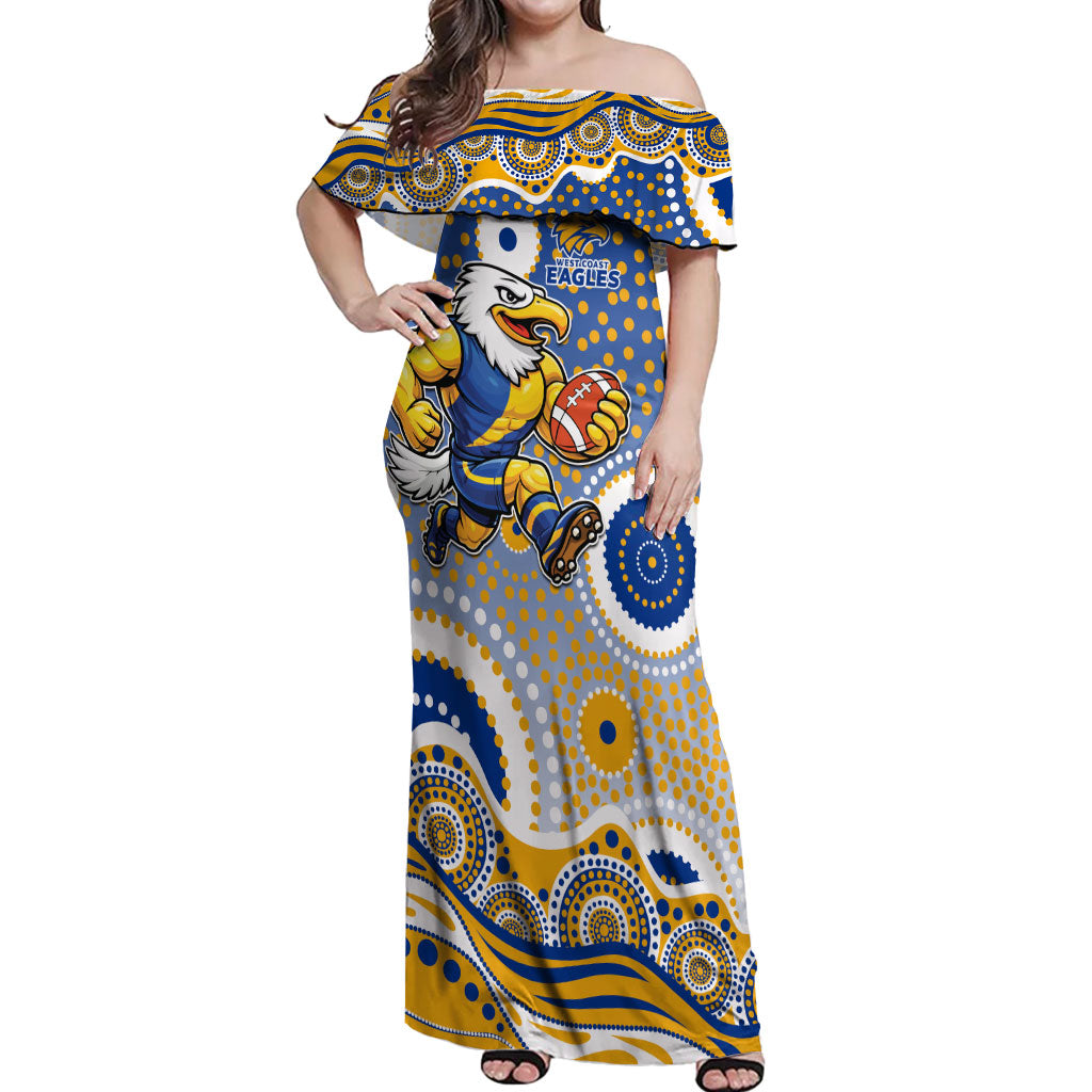 West Coast Eagles Off Shoulder Maxi Dress Aboriginal Dot Pattern - Football Mascot Heritage Pride