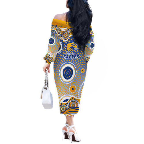 West Coast Eagles Off The Shoulder Long Sleeve Dress Aboriginal Dot Pattern - Football Mascot Heritage Pride