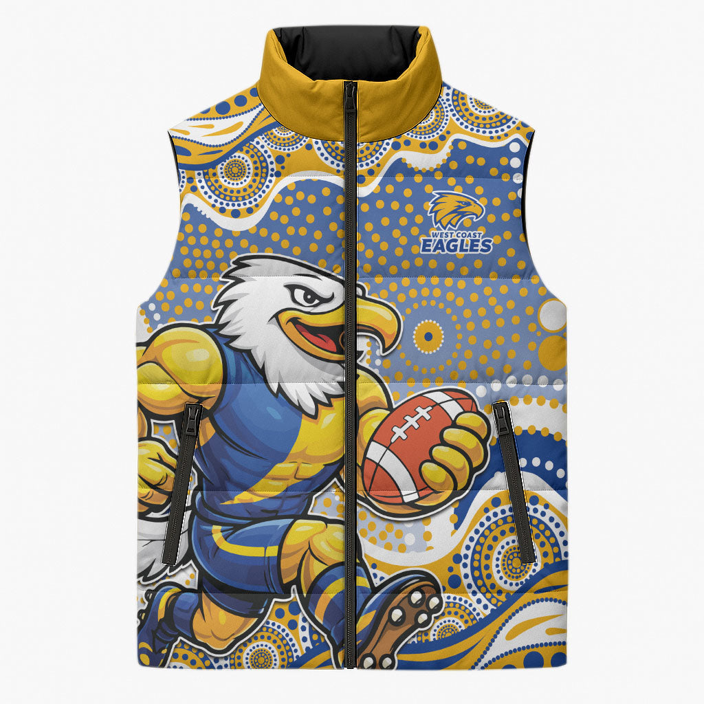 West Coast Eagles Sleeveless Puffer Jacket Aboriginal Dot Pattern - Football Mascot Heritage Pride