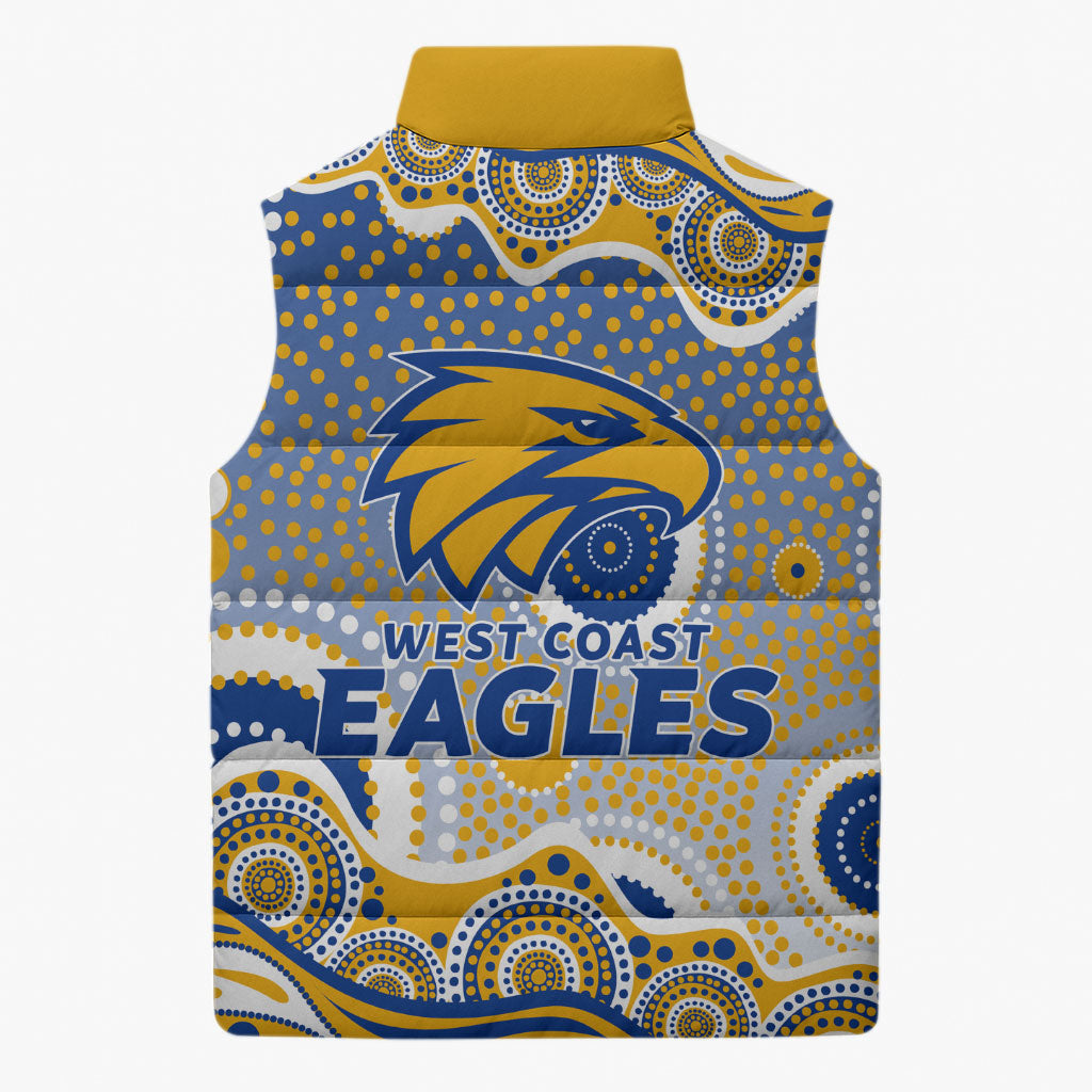 West Coast Eagles Sleeveless Puffer Jacket Aboriginal Dot Pattern - Football Mascot Heritage Pride