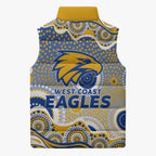 West Coast Eagles Sleeveless Puffer Jacket Aboriginal Dot Pattern - Football Mascot Heritage Pride