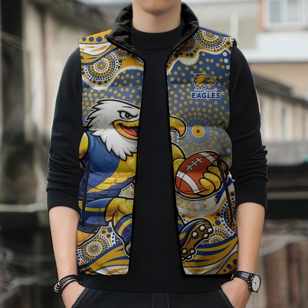 West Coast Eagles Sleeveless Puffer Jacket Aboriginal Dot Pattern - Football Mascot Heritage Pride