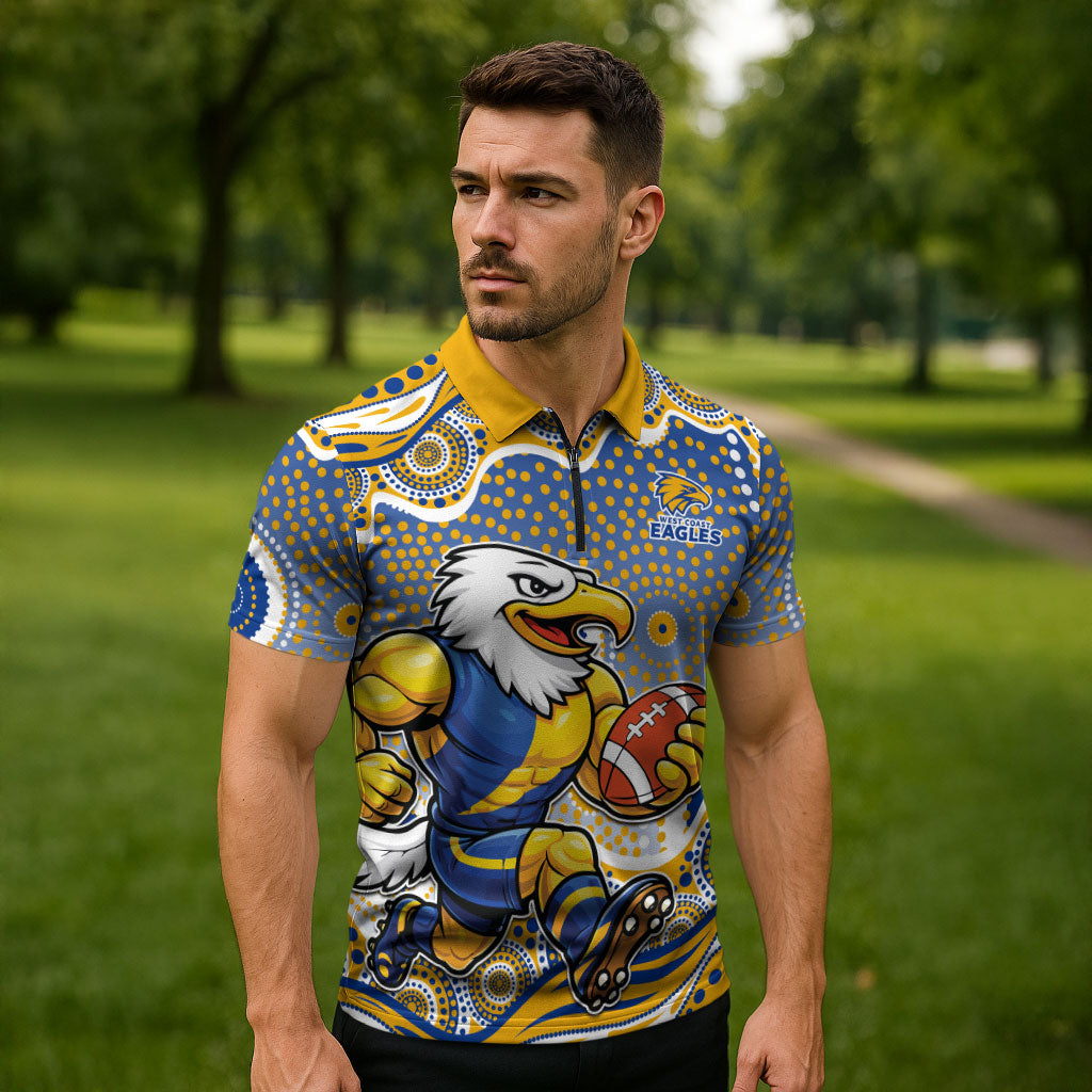 West Coast Eagles Zipper Polo Shirt Aboriginal Dot Pattern - Football Mascot Heritage Pride