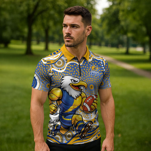West Coast Eagles Zipper Polo Shirt Aboriginal Dot Pattern - Football Mascot Heritage Pride