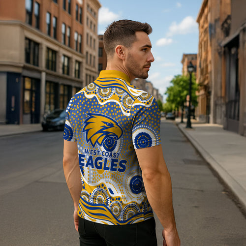 West Coast Eagles Zipper Polo Shirt Aboriginal Dot Pattern - Football Mascot Heritage Pride