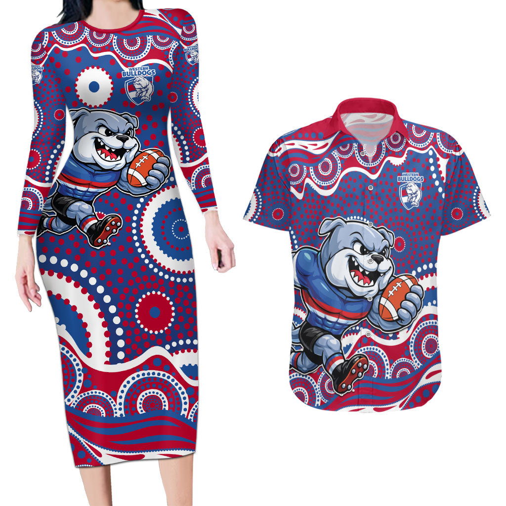 Western Bulldogs Couples Matching Long Sleeve Bodycon Dress and Hawaiian Shirt Aboriginal Dot Pattern - Football Mascot Heritage Pride
