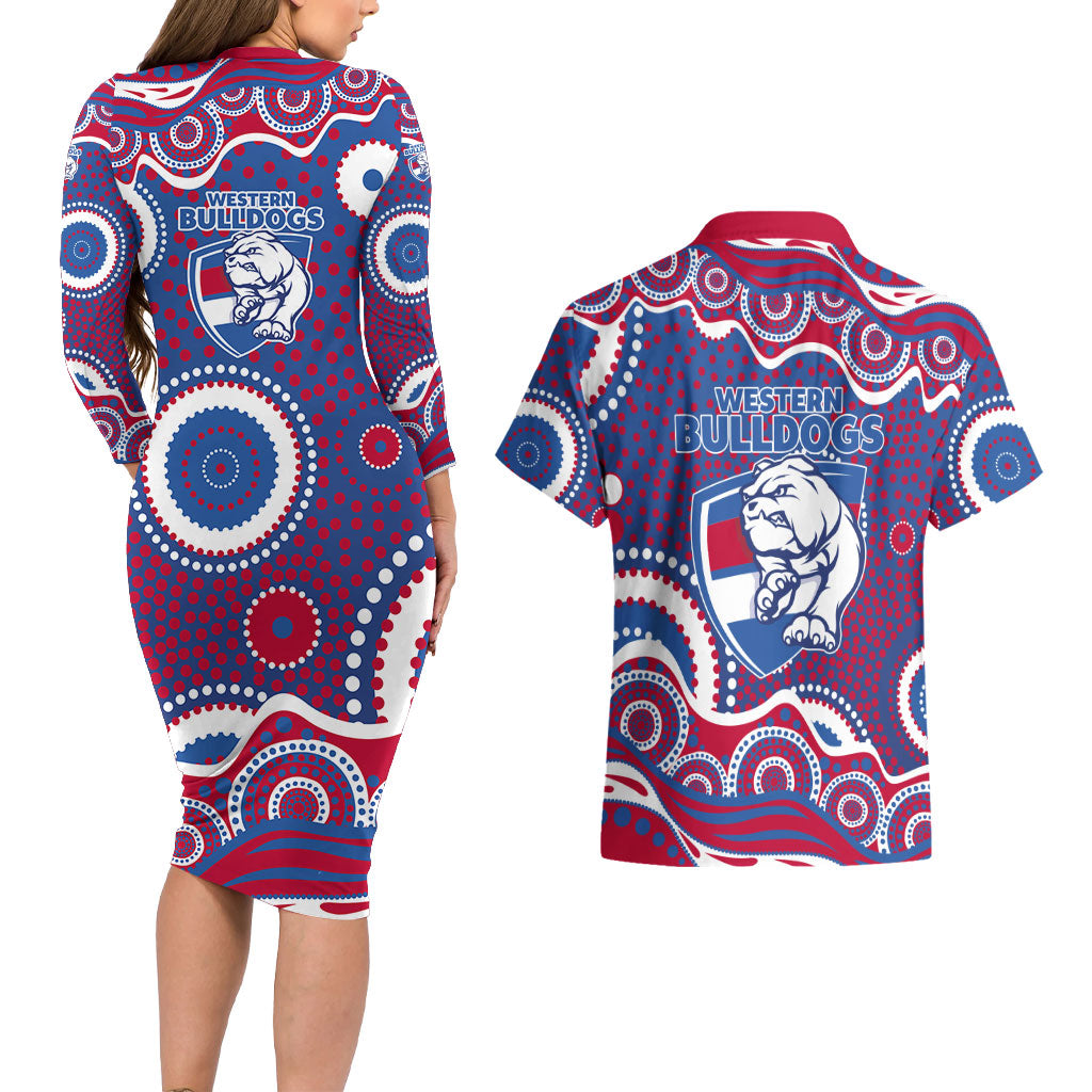 Western Bulldogs Couples Matching Long Sleeve Bodycon Dress and Hawaiian Shirt Aboriginal Dot Pattern - Football Mascot Heritage Pride