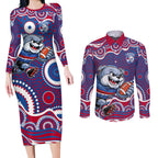 Western Bulldogs Couples Matching Long Sleeve Bodycon Dress and Long Sleeve Button Shirt Aboriginal Dot Pattern - Football Mascot Heritage Pride