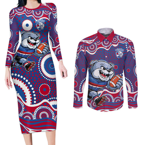 Western Bulldogs Couples Matching Long Sleeve Bodycon Dress and Long Sleeve Button Shirt Aboriginal Dot Pattern - Football Mascot Heritage Pride