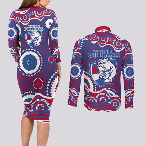 Western Bulldogs Couples Matching Long Sleeve Bodycon Dress and Long Sleeve Button Shirt Aboriginal Dot Pattern - Football Mascot Heritage Pride