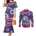 Western Bulldogs Couples Matching Mermaid Dress and Long Sleeve Button Shirt Aboriginal Dot Pattern - Football Mascot Heritage Pride