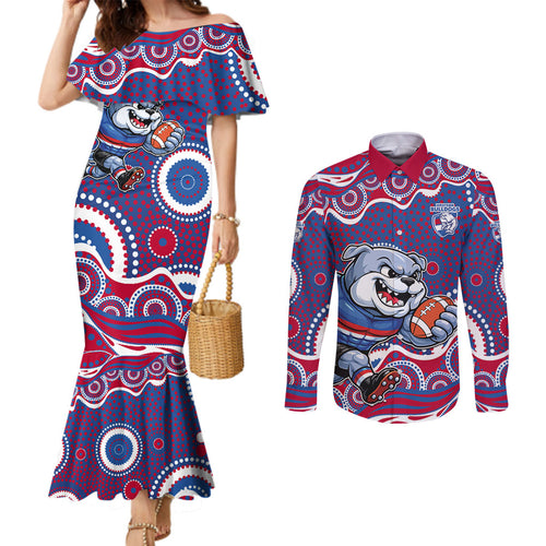 Western Bulldogs Couples Matching Mermaid Dress and Long Sleeve Button Shirt Aboriginal Dot Pattern - Football Mascot Heritage Pride
