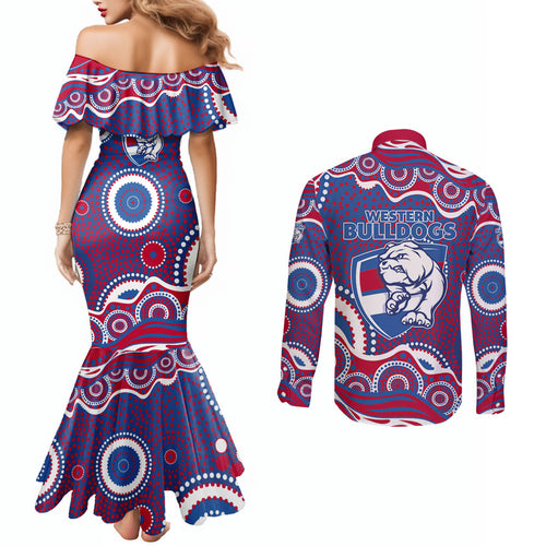 Western Bulldogs Couples Matching Mermaid Dress and Long Sleeve Button Shirt Aboriginal Dot Pattern - Football Mascot Heritage Pride