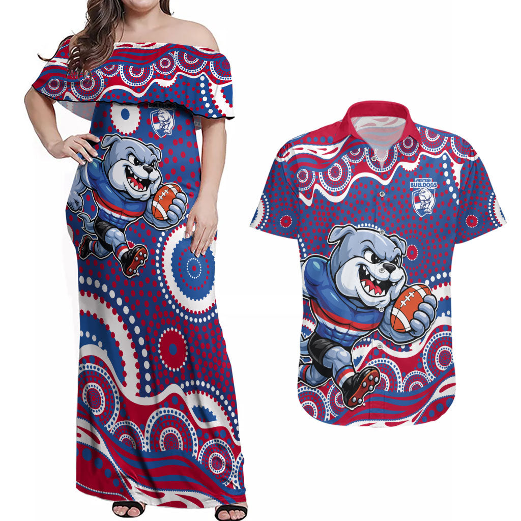 Western Bulldogs Couples Matching Off Shoulder Maxi Dress and Hawaiian Shirt Aboriginal Dot Pattern - Football Mascot Heritage Pride