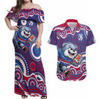 Western Bulldogs Couples Matching Off Shoulder Maxi Dress and Hawaiian Shirt Aboriginal Dot Pattern - Football Mascot Heritage Pride