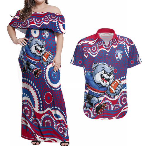 Western Bulldogs Couples Matching Off Shoulder Maxi Dress and Hawaiian Shirt Aboriginal Dot Pattern - Football Mascot Heritage Pride