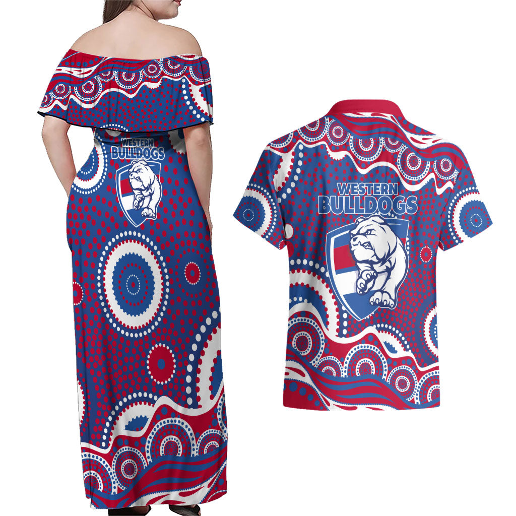 Western Bulldogs Couples Matching Off Shoulder Maxi Dress and Hawaiian Shirt Aboriginal Dot Pattern - Football Mascot Heritage Pride