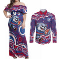 Western Bulldogs Couples Matching Off Shoulder Maxi Dress and Long Sleeve Button Shirt Aboriginal Dot Pattern - Football Mascot Heritage Pride
