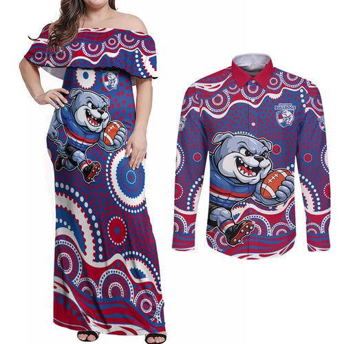 Western Bulldogs Couples Matching Off Shoulder Maxi Dress and Long Sleeve Button Shirt Aboriginal Dot Pattern - Football Mascot Heritage Pride