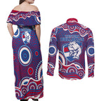 Western Bulldogs Couples Matching Off Shoulder Maxi Dress and Long Sleeve Button Shirt Aboriginal Dot Pattern - Football Mascot Heritage Pride
