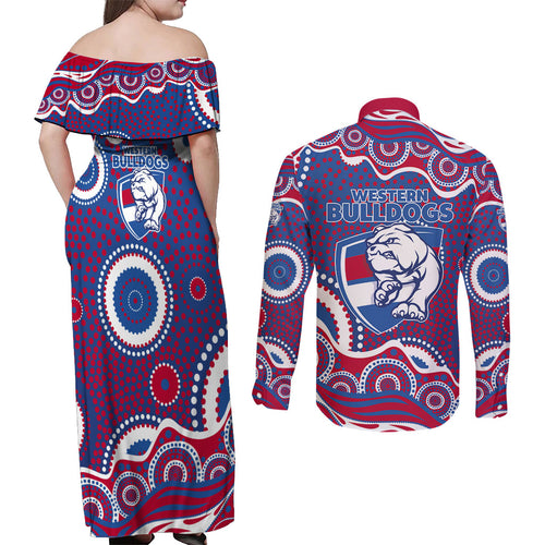 Western Bulldogs Couples Matching Off Shoulder Maxi Dress and Long Sleeve Button Shirt Aboriginal Dot Pattern - Football Mascot Heritage Pride