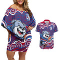 Western Bulldogs Couples Matching Off Shoulder Short Dress and Hawaiian Shirt Aboriginal Dot Pattern - Football Mascot Heritage Pride