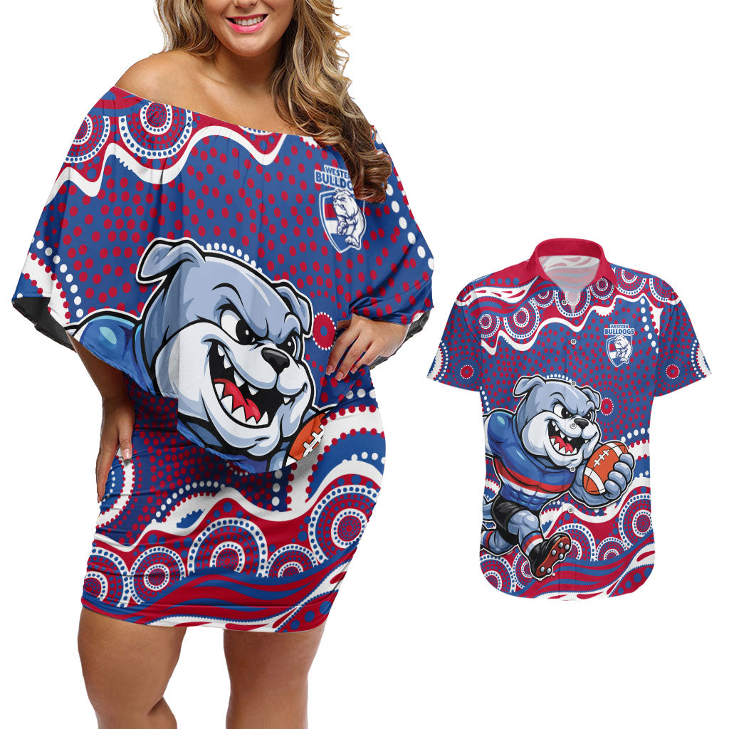 Western Bulldogs Couples Matching Off Shoulder Short Dress and Hawaiian Shirt Aboriginal Dot Pattern - Football Mascot Heritage Pride