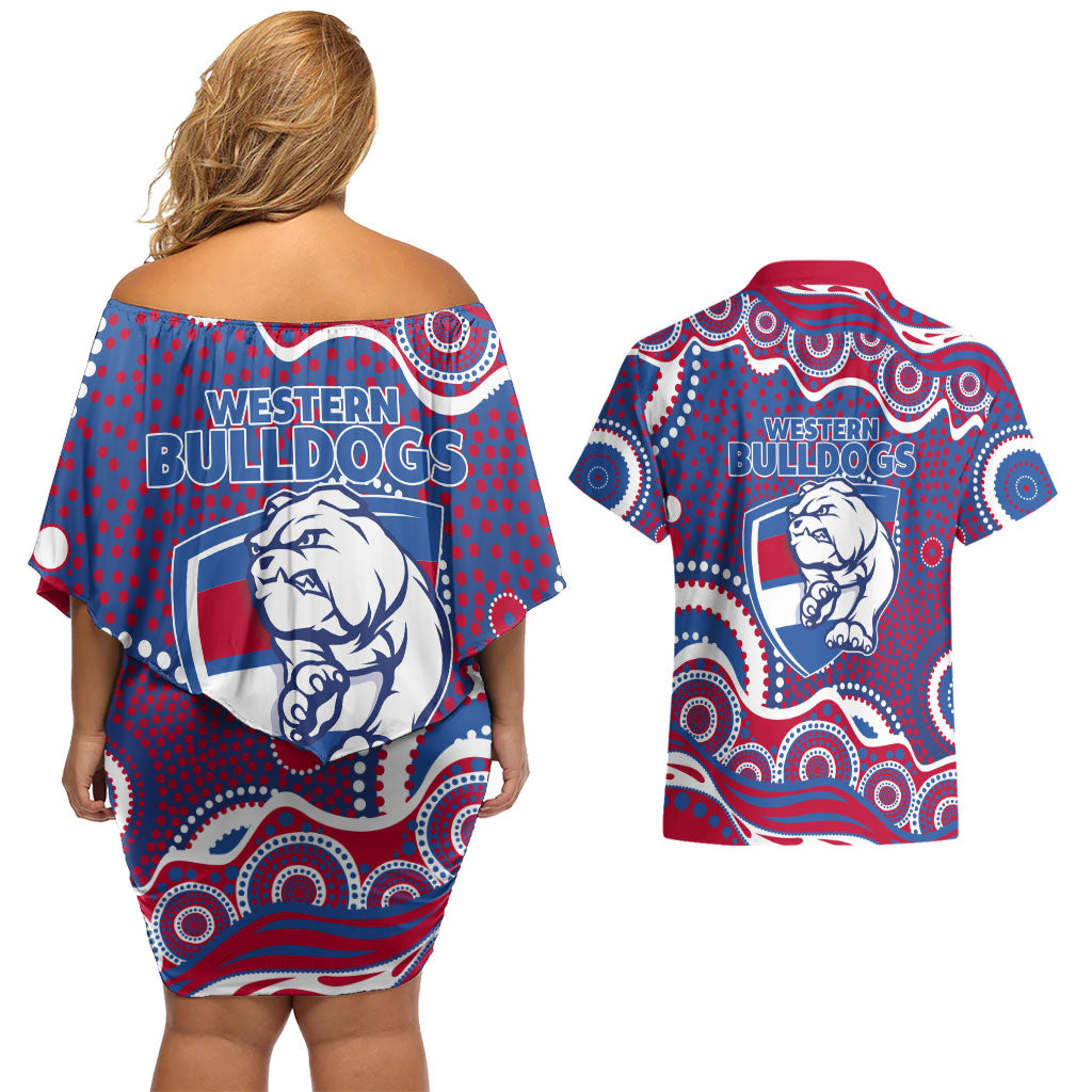 Western Bulldogs Couples Matching Off Shoulder Short Dress and Hawaiian Shirt Aboriginal Dot Pattern - Football Mascot Heritage Pride