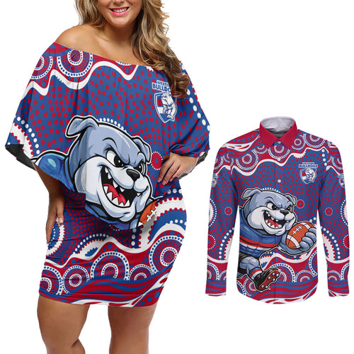 Western Bulldogs Couples Matching Off Shoulder Short Dress and Long Sleeve Button Shirt Aboriginal Dot Pattern - Football Mascot Heritage Pride