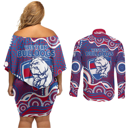 Western Bulldogs Couples Matching Off Shoulder Short Dress and Long Sleeve Button Shirt Aboriginal Dot Pattern - Football Mascot Heritage Pride