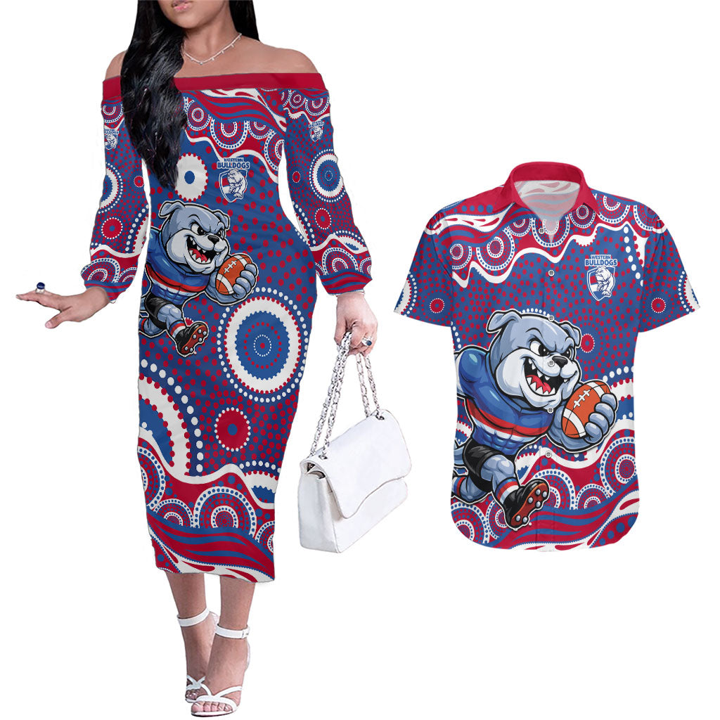 Western Bulldogs Couples Matching Off The Shoulder Long Sleeve Dress and Hawaiian Shirt Aboriginal Dot Pattern - Football Mascot Heritage Pride