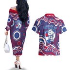 Western Bulldogs Couples Matching Off The Shoulder Long Sleeve Dress and Hawaiian Shirt Aboriginal Dot Pattern - Football Mascot Heritage Pride
