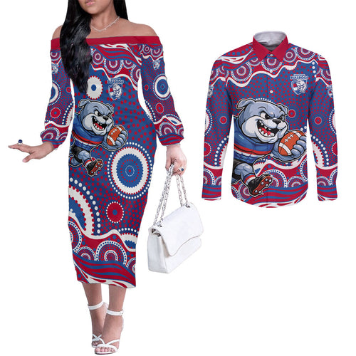 Western Bulldogs Couples Matching Off The Shoulder Long Sleeve Dress and Long Sleeve Button Shirt Aboriginal Dot Pattern - Football Mascot Heritage Pride