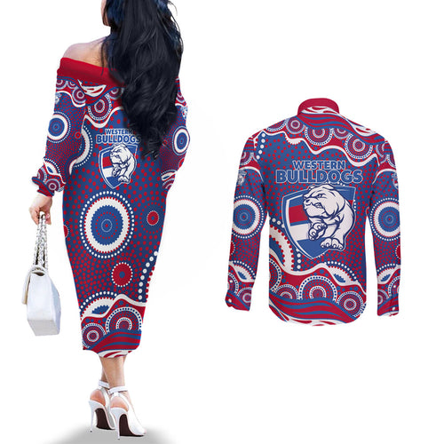 Western Bulldogs Couples Matching Off The Shoulder Long Sleeve Dress and Long Sleeve Button Shirt Aboriginal Dot Pattern - Football Mascot Heritage Pride