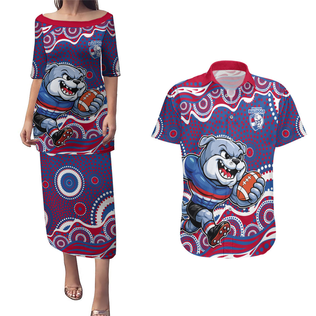 Western Bulldogs Couples Matching Puletasi and Hawaiian Shirt Aboriginal Dot Pattern - Football Mascot Heritage Pride