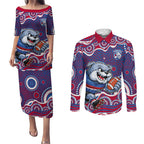 Western Bulldogs Couples Matching Puletasi and Long Sleeve Button Shirt Aboriginal Dot Pattern - Football Mascot Heritage Pride