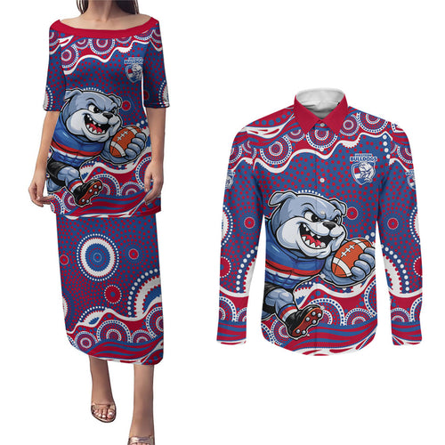 Western Bulldogs Couples Matching Puletasi and Long Sleeve Button Shirt Aboriginal Dot Pattern - Football Mascot Heritage Pride