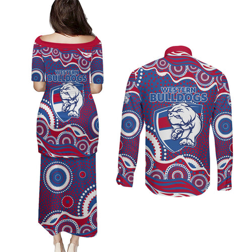 Western Bulldogs Couples Matching Puletasi and Long Sleeve Button Shirt Aboriginal Dot Pattern - Football Mascot Heritage Pride