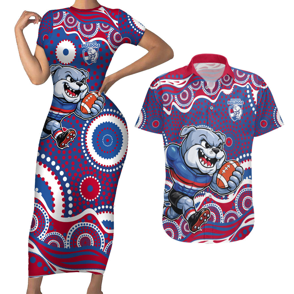 Western Bulldogs Couples Matching Short Sleeve Bodycon Dress and Hawaiian Shirt Aboriginal Dot Pattern - Football Mascot Heritage Pride