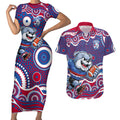 Western Bulldogs Couples Matching Short Sleeve Bodycon Dress and Hawaiian Shirt Aboriginal Dot Pattern - Football Mascot Heritage Pride