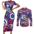 Western Bulldogs Couples Matching Short Sleeve Bodycon Dress and Long Sleeve Button Shirt Aboriginal Dot Pattern - Football Mascot Heritage Pride