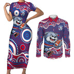 Western Bulldogs Couples Matching Short Sleeve Bodycon Dress and Long Sleeve Button Shirt Aboriginal Dot Pattern - Football Mascot Heritage Pride