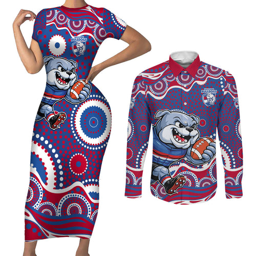 Western Bulldogs Couples Matching Short Sleeve Bodycon Dress and Long Sleeve Button Shirt Aboriginal Dot Pattern - Football Mascot Heritage Pride