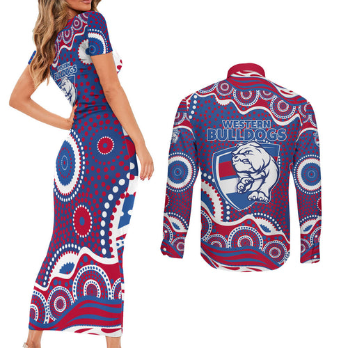 Western Bulldogs Couples Matching Short Sleeve Bodycon Dress and Long Sleeve Button Shirt Aboriginal Dot Pattern - Football Mascot Heritage Pride