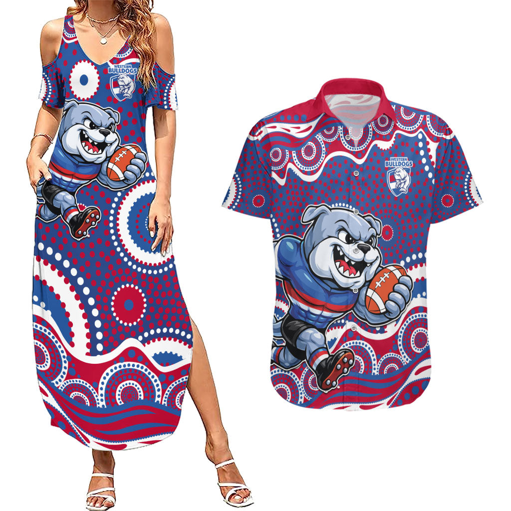 Western Bulldogs Couples Matching Summer Maxi Dress and Hawaiian Shirt Aboriginal Dot Pattern - Football Mascot Heritage Pride